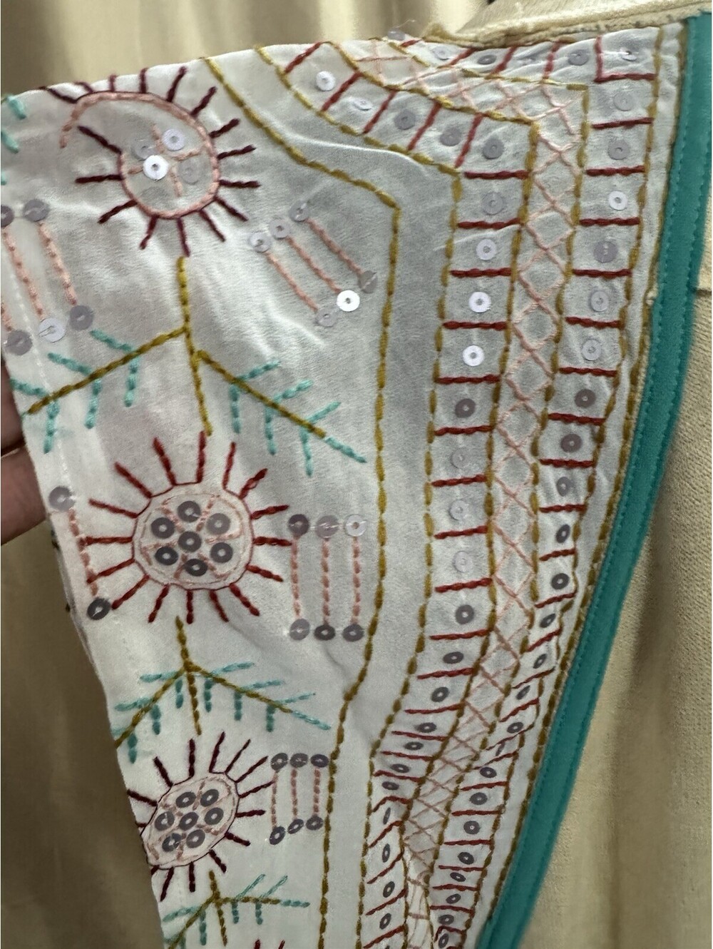 Blue Velvet XL Boho Embroidered Sequin Tunic Top Beige Turquoise NWT - Picture 5 of 13